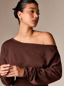 AiiRZ Ensemble coordonné deux pièces, pull côtelé à épaules dénudées et pantalon palazzo à jambes larges, tenue de détente pour l'automne et l'hiver - Tabac - Voir 6