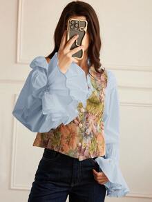 Aveloria Rosie Blouse à manches extra longues avec col à volants en contraste, en tissu jacquard mode, patchwork en faux tencel, pour le début de l'automne - Bleu azur - Voir 6