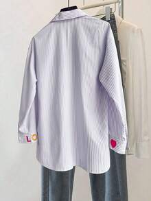 Resyla Classic Striped Long Sleeve Shirt, Delicate Embroidered Pattern, Loose & Comfortable Fit - Mauve Purple - View 2