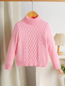 SHEIN LMoss Kids 年轻女孩纯色立领修身休闲毛衣 - 淺粉色 - 查看 3