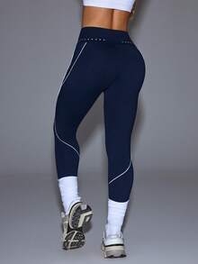 Eassivo Eassivo Leggings ajustados de cintura alta de color contrastante para entrenamiento casual - Azul Marino - Ver 1