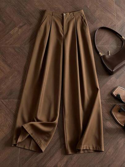Franclia 新款优雅时尚休闲褶裥直筒高腰阔腿裤，宽松显瘦，适合春秋季和秋冬季穿着。