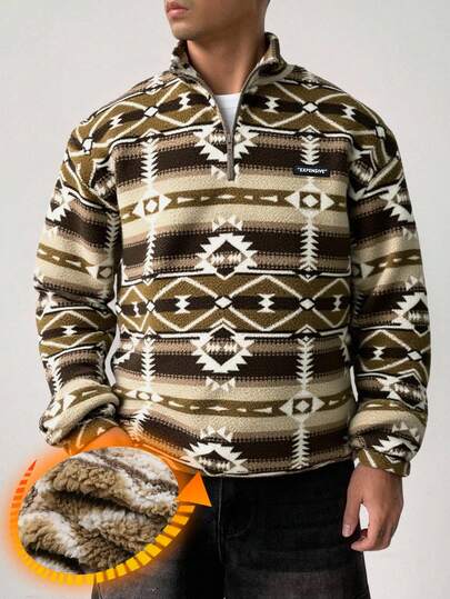 DAZY Men's Thermal Lined Floral Pattern Sherpa Pullover Pullover Sweatshirt With Zipper, Autumn/Winter