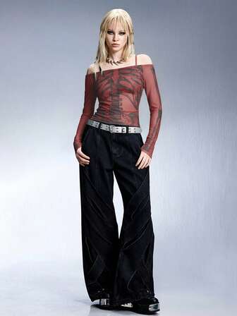 Grunge Punk Blusa transparente con hombros descubiertos y estampado de esqueleto sexy