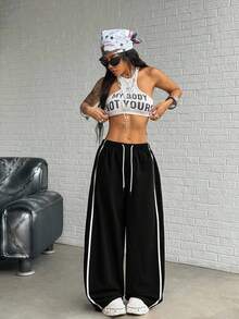 StreetHx Women's Loose Fit Drawstring Waist Contrast Color Sports Barrel Leg Pants - Black - View 3