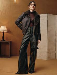 Anewsta 女式黑色仿兔毛领 PU 皮夹克 - 咖啡棕 - 查看 2