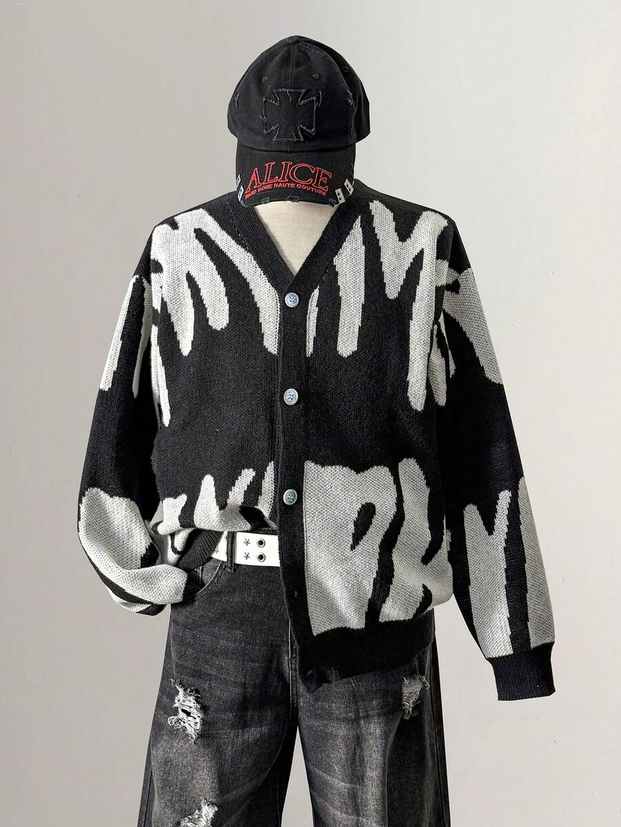 Manfinity Hypemode Cárdigan de manga larga con botones y bloques de color para hombre, para otoño e invierno - Blanco y Negro - Ver 1