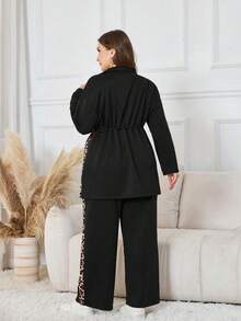 Modelyn Pantalon long femme à taille cintrée avec imprimé léopard et patchwork, ensemble deux pièces polyvalent pour un port quotidien, grande taille, automne/hiver - Multicolore - Voir 2