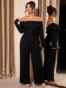 Cravure Plus Size Women Metal Decor Off-Shoulder Long Sleeve Top And Wide Leg Pants Fashionable 2 Pieces Set - Black - View 6