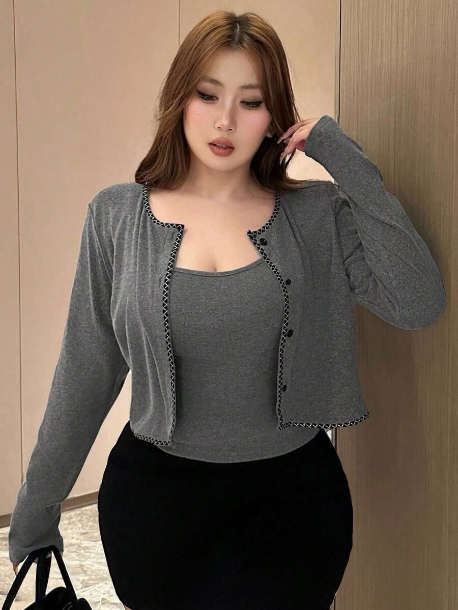 Dazy Plus 两件套加大码女士优雅撞色拼接无袖宽松开衫套装，春秋季 - 灰色 - 查看 1