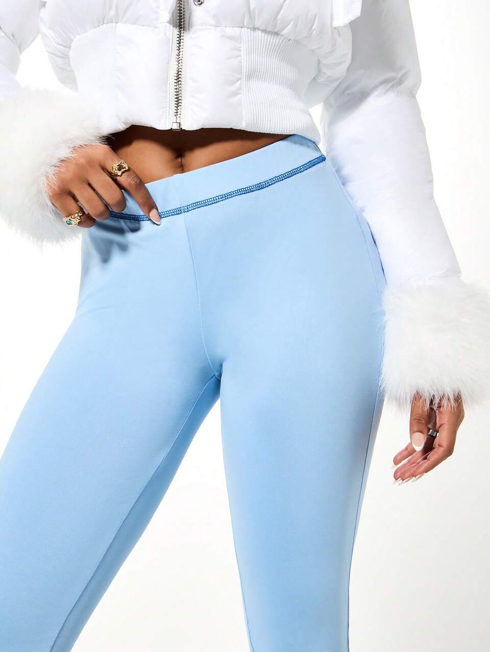 SUMWON Christmas Stay Icy Graphic Flare Pants With Script Text Light Blue Soft Sweat Material Casual Lounge Wear