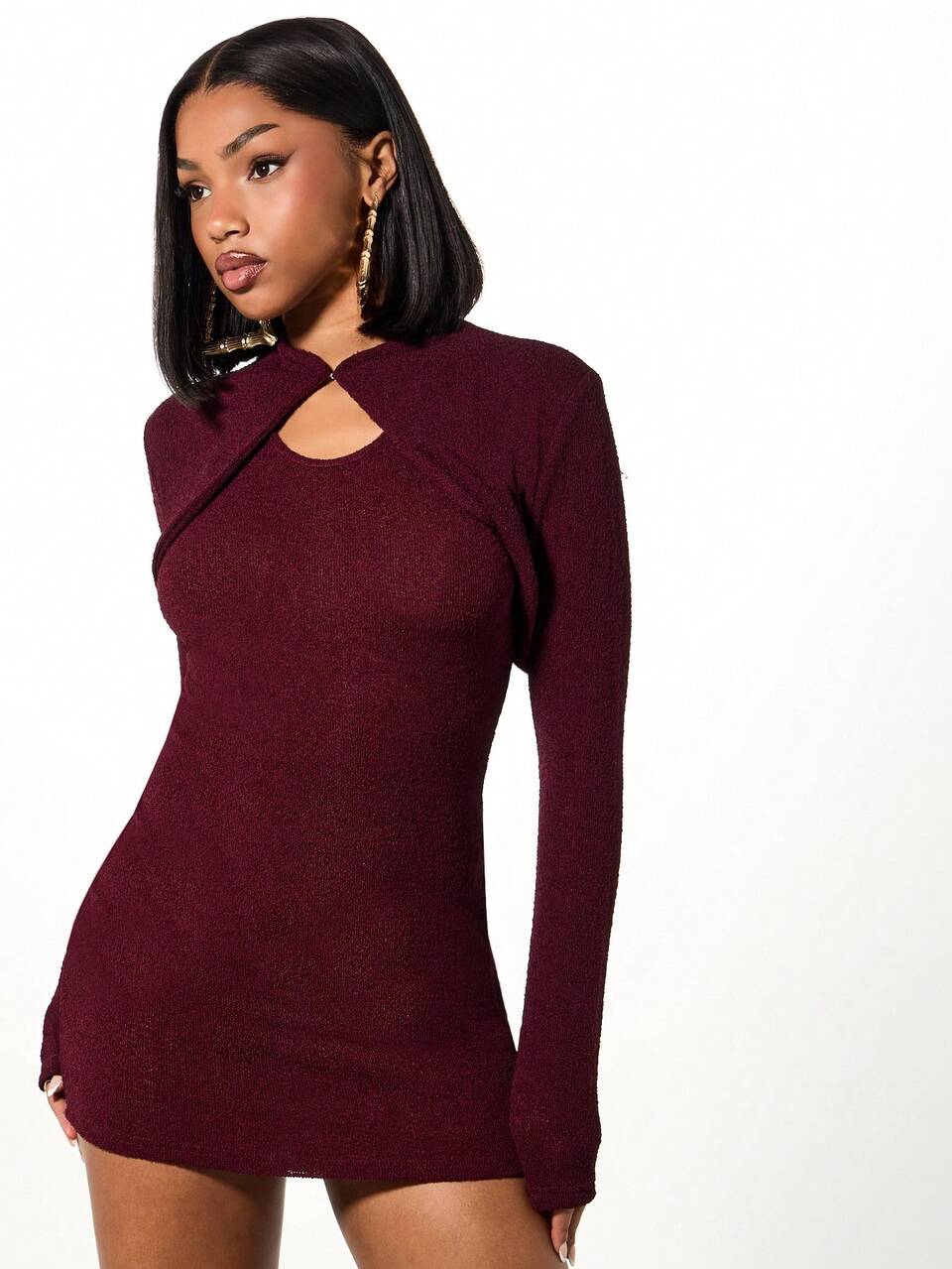 SUMWON Burgundy Knitted Long Sleeve Bolero Top For Fall Winter, Dress Not Included