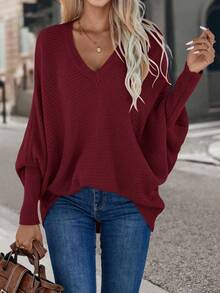 SHEIN LUNE Women's Solid Color V-Neck Batwing Long Sleeve Loose Casual Sweater, Autumn/Winter - Burgundy - View 4