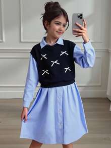 SHEIN 少女优雅通勤校园风返校甜美格子长袖连衣裙+针织爱心装饰卫衣两件套，秋冬款 - 藍色 - 查看 2