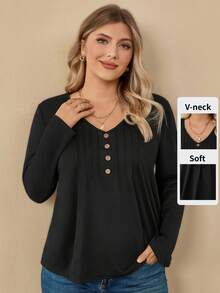 Rosumi Áo thun thường ngày cổ chữ V dài tay có nút trang trí cỡ lớn cho nữ, mùa xuân và mùa hè - màu đen - Xem 1