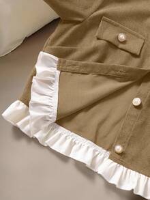 SHEIN Dwuczęściowy zestaw: młodzieżowa kurtka z długim rękawem, wykonana z tkaniny sztruksowej, na jesień i zimę, z falbaniastym wykończeniem, małym stójką i ozdobnymi guzikami (zapięcie z przodu) + minimalistyczna spódnica z tkaniny o długości do połowy łydki, idealna na codzienne wyjścia - Morela - Zobacz 5