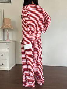 DAZY 2pcs Women Puppy Pattern Striped Loose Long Sleeve Pajama Set, Winter Clothes - Red and White - View 2