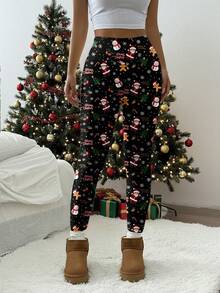 SHEIN EZwear Quần legging dài in họa tiết ông già Noel, cây thông Noel, người tuyết, giản dị dành cho nữ, sang trọng cho mùa thu/đông - Nhiều màu - Xem 7