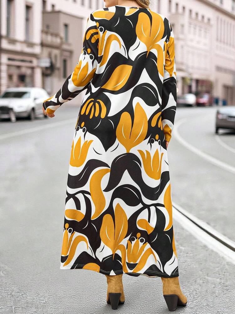Plus Size Women's Fall/Winter Street Fashion  Casual Vacation Floral Print Color Block Long Sleeve Round Neck Long Dress With Pockets,Autumn/Winter,Plus Size Winter Clothes, Christmas Outfit For Women ,New Year Clothes,Going Out Outfits,2025 New Clothes,Simple And Fashionable For Everyday Wear,Dresses Casual,Flowy Dress,Winter  Dress