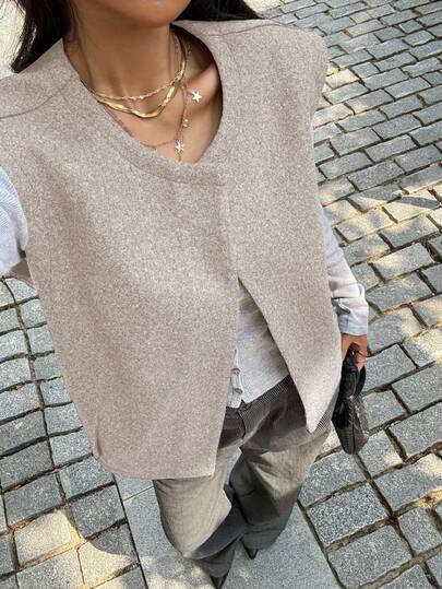 Serisse Colete de lã feminino casual com gola redonda e sem mangas, outono/inverno