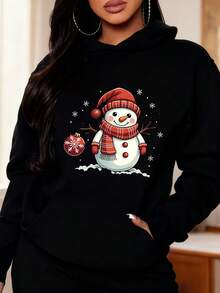 Sudadera con capucha de mujer con estampado de muñeco de nieve y bola navideña para temporada invernal - Negro - Ver 1