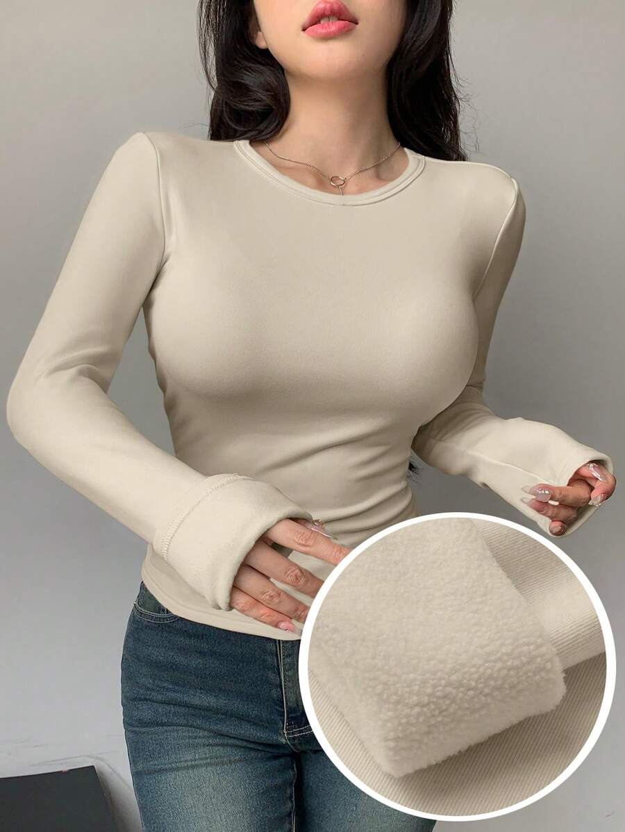 FRIFUL Women's Solid Color Crew Neck T-Shirt With Thermal Lined, Autumn/Winter - Dusty Purple - View 1