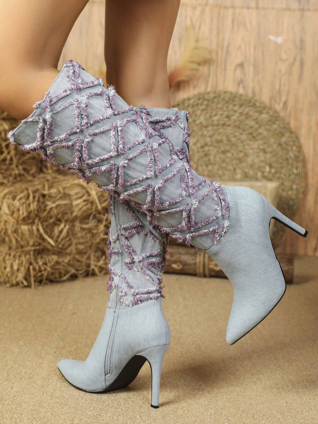 Women's Fashionable Denim High Boots With Lace