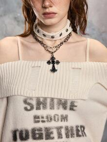 ROMWE EDITION Women's Vintage Casual Off-Shoulder Distressed Spaghetti Strap Letter Logo Print Pullover Sweater - Apricot - View 2