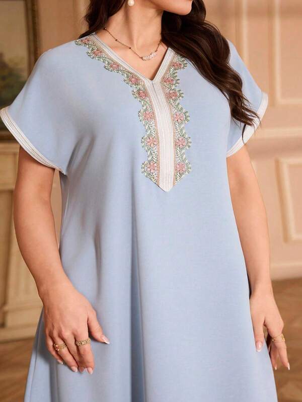 Al Najma Plus Size Elegant Dress With Embroidered Collar, Raglan Sleeves And Stand Collar