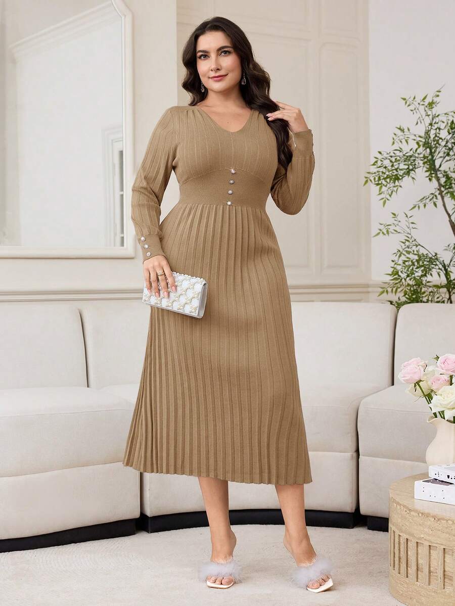 Modelyn Robe en tricot élégante à col V, manches longues et design boutonné pour femmes grandes tailles - Kaki - Voir 1