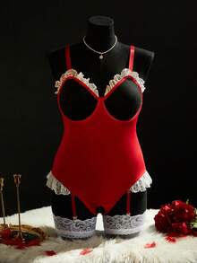SpicyHot 2 Peças Bodysuits Sexy e Atraentes Plus Size com Recorte Vazado, Borda Pregueada e Contraste de Cores, Ideal para o Natal - Vermelho - Visão 1