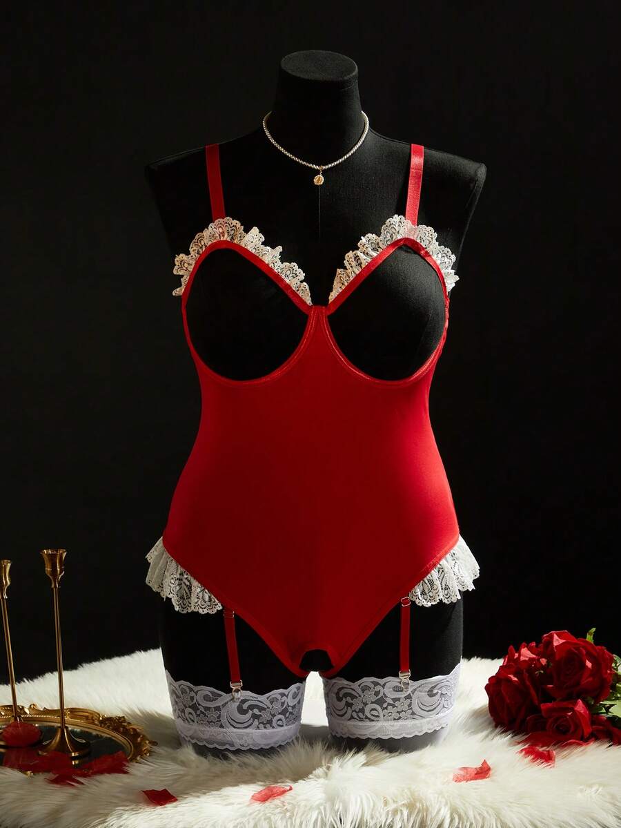 SpicyHot 2 Peças Bodysuits Sexy e Atraentes Plus Size com Recorte Vazado, Borda Pregueada e Contraste de Cores, Ideal para o Natal - Vermelho - Visão 1