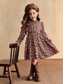 SHEIN Young Women's Leopard & Floral Print Puff Sleeve Waist Cinched Loose Mid-Length A-Line Casual Dress, Spring/Autumn - Multicolor - View 3