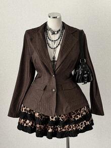 Sunspun Fall Autumn And Winter Plus Size Women Vintage Brown Striped Long Sleeve Blazer - Brown - View 1