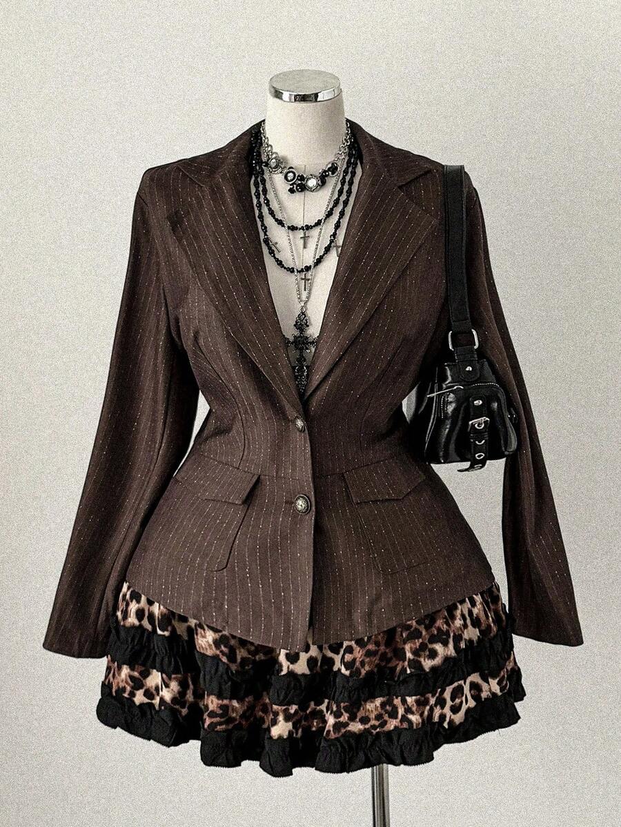 Sunspun Fall Autumn And Winter Plus Size Women Vintage Brown Striped Long Sleeve Blazer - Brown - View 1