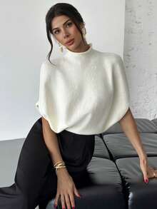 Firerie Women's Elegant Casual Loose Knit Sweater, White/Beige Stand Collar Short Sleeve Oversized Sweater, New Autumn/Winter Fashion Pullover Top, Versatile,Spring - Apricot - View 9