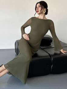 Firerie 优雅性感橄榄绿V领喇叭袖收腰A字长裙，长袖连衣裙，长袖长裙，网眼长袖连衣裙，收腰A字连衣裙，适合春季，夏季，秋季，冬季，优雅，通勤，约会，派对，婚礼季节，毕业典礼，舞会，表演，音乐会，工作，返校，年会，女士生日，节日 - 軍綠色 - 查看 6