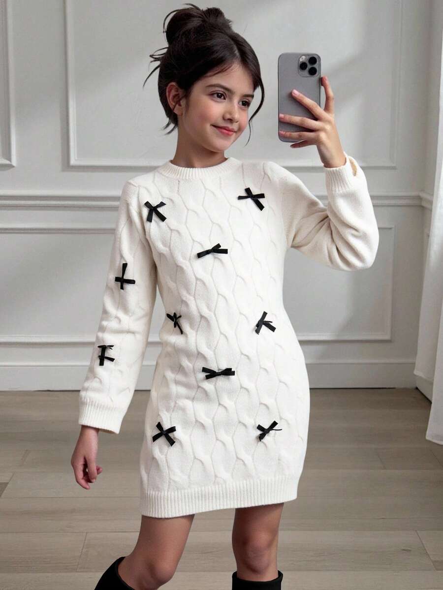 SHEIN Teen Girls Black And White Bow Textured Cable Knit Sweater Dress,Elegant Cute Long Sleeve Autumn Pullover,Back-To-School Family Matching - White - View 1