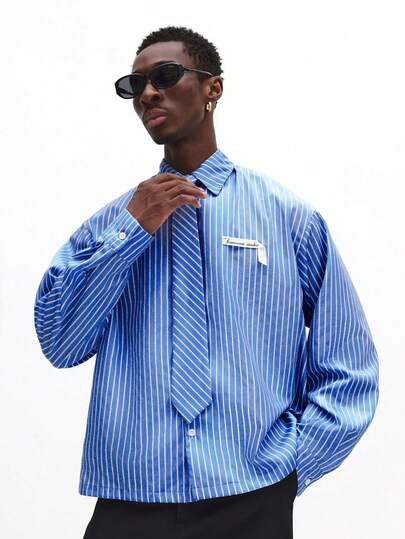  SUMWON Men's Long Sleeve Boxy Fit Vertical Striped Dress Shirt With Matching Tie Business Formal Collar Button Front Office Professional Plain