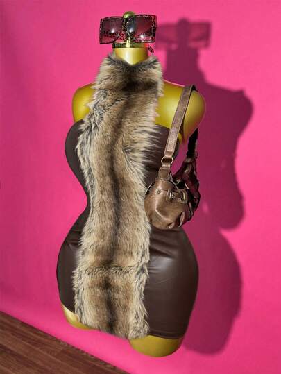 Slaydiva 2025 Autumn And Winter New Hot Girl Street Slim PU Splicing Plush Off-Shoulder Women Mini Dress,Sexy, Party, Dinner, Date, Nightclub, Night Out,Travel Outfit Airport, Streetwear,Y2k,Gathering,Vacation-B