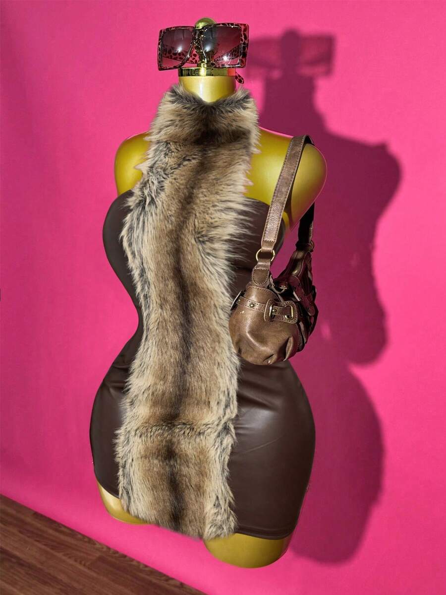 Slaydiva Dark 's Autumn 70s Night Out Party Mini Dress, PU Splicing Plush Off-Shoulder Slim Fit Streetwear Y2k Nightclub Gathering Vacation - Brown - View 1