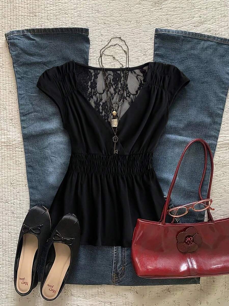 SHEIN New Vintage Lace Top, Fitted Short Sleeve T-Shirt For Women - Black - View 1