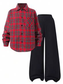 Vacaura 男童休闲红色格子衬衫黑色梭织裤套装（2件套），适合日常、通勤、度假、圣诞节等场合。 - 紅色 - 查看 5