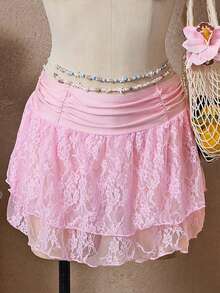 SHEIN Swim 女士连体泳衣罩衫，纯色可爱荷叶边蕾丝迷你连衣裙，沙滩度假连衣裙 - 粉色 - 查看 10