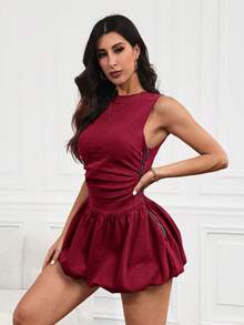 SHEIN Essnce Women's Summer Ruched Waist Backless Puffball Hem Denim Dress - Burgundy - View 3