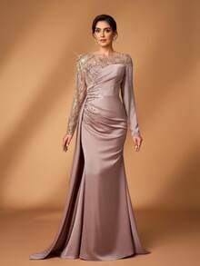 Serin Rochie elegantă și luxoasă, cu perle și paiete, cu aplicații florale, model patchwork, din satin elastic, transparentă, cu mânecă lungă, tip sirenă, cu crăpături laterale, potrivită pentru nuntă, petrecere, vacanță, bal, rochie de seară pentru mama miresei, de Ziua Îndrăgostiților - Șampanie - Vizualizare 4