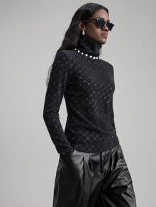 Ontre 2025 Autumn/Winter New Versatile Romantic Knit Top, Suitable For Wedding Guests, Hosts, Outings, Parties, Concerts, Brunch, Airport, Halloween, Christmas, National Day, New Year Occasions. Elegant Rhinestone Knit Fabric, Loose Fit, Women's Knit Top, Business Casual, Commute, Daily Wear, Autumn/Winter For 5-15°C Lace - Black - View 2