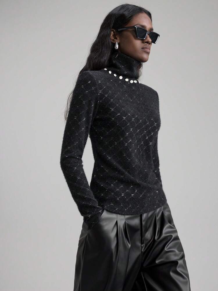 Women's Black Autumn Elegant Party Night Knit Top, Rhinestone Loose Fit Lace Fabric For Wedding Guest,Host,Concert,Christmas,New Year,Commute