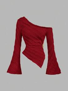 Sweetra Solid Color Flare Sleeve Slim Fit T-Shirt - Red - View 4