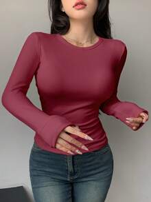 FRIFUL Áo thun nỉ nữ màu trơn dáng rộng, đa năng cho mùa thu/đông, tay dài. - Màu Đỏ Sâu - Xem 4